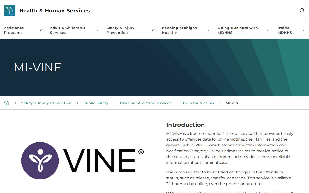 Michigan MI-VINE official information describing free confidential custody notifications