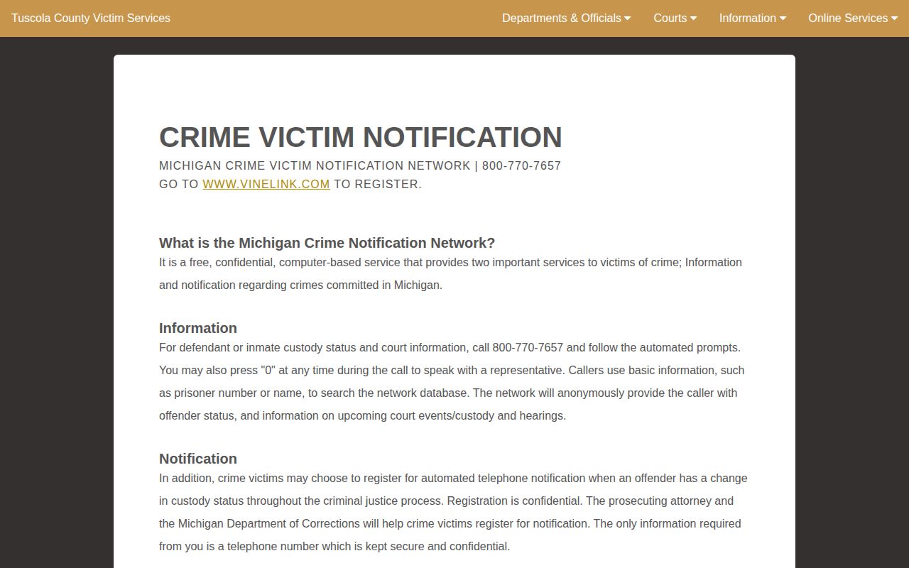 Tuscola County Victim Services VINE instructions with search and notification details