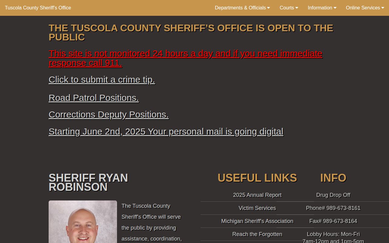 Tuscola County Sheriff page with contact and jail information links