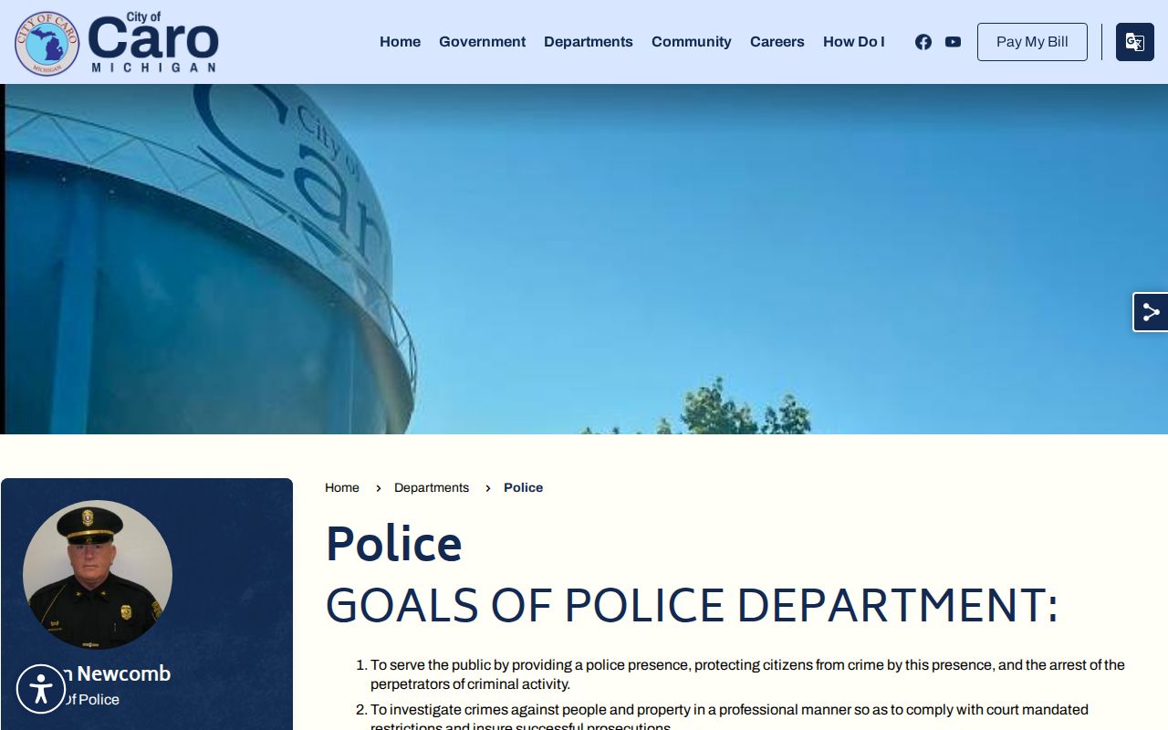 Official Caro Police page with address, phone, and patrol information