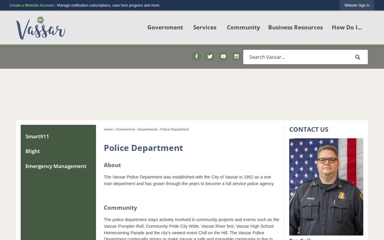 Official Vassar Police Department page showing full-service department and contact details